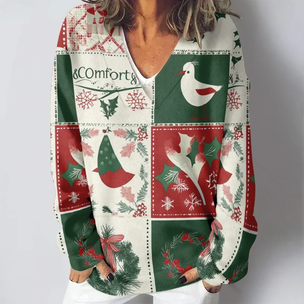 Ugly Christmas Snowflakes Presents Plaid Patchwork Printed V-neck Women Casual Sweatshirts Winter Classic Elegent Pullovers