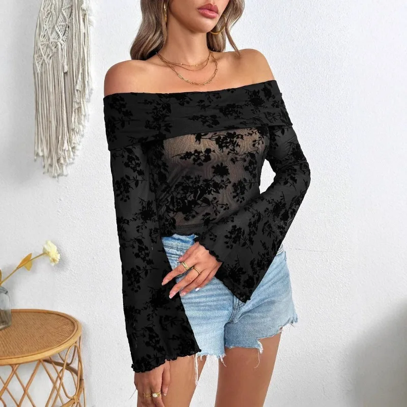 

New Elegant Spring Summer Women's One-Neck Off Shoulder Long Sleeve Shirt Fashion Embroidery Print Translucent Casual Blouse