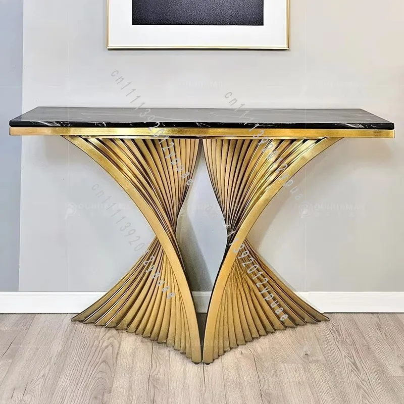 ZML Wall-Mounted Entrance Console Table, Stainless Steel Titanium Marble Tabletop with Tempered Glass
