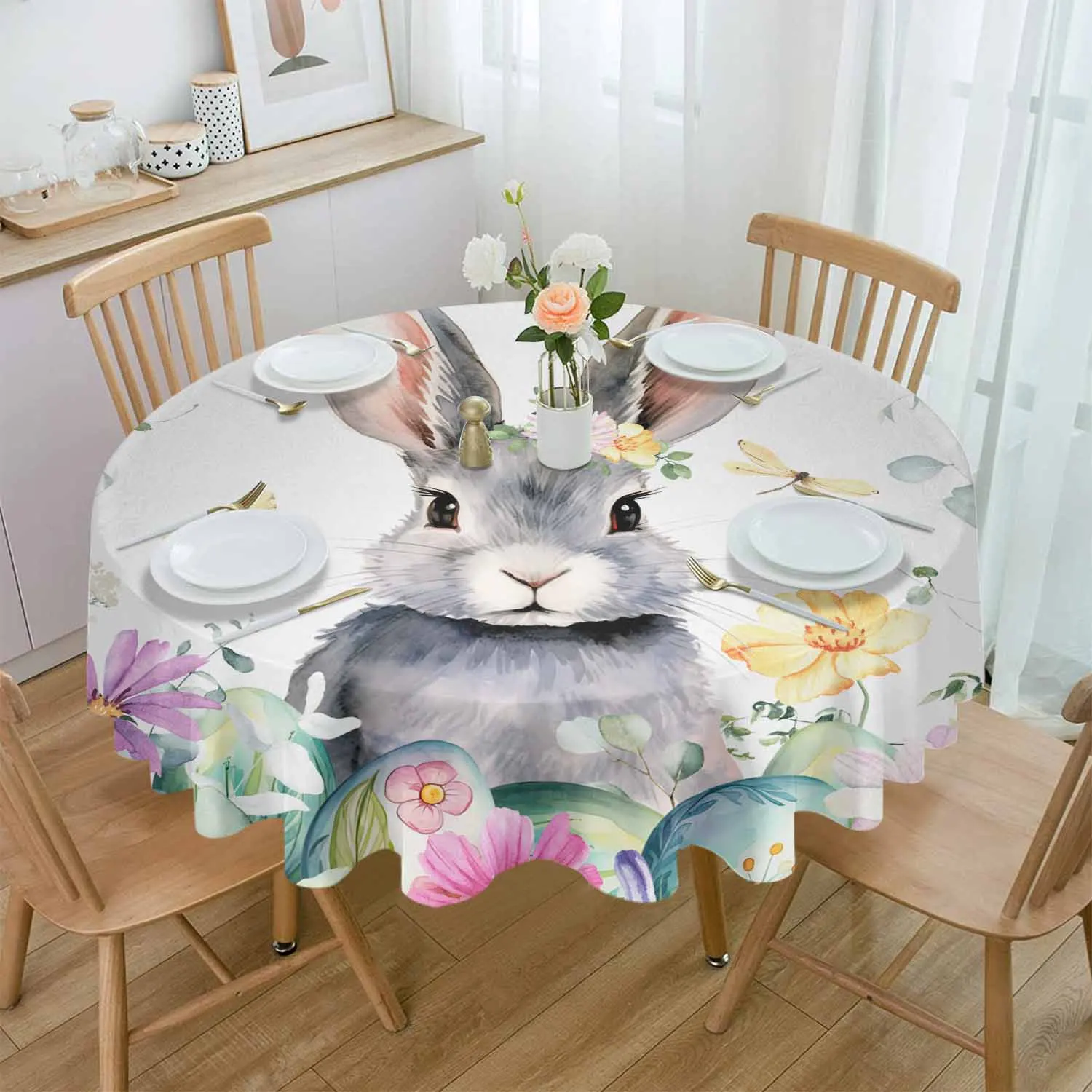 Easter Flower Egg Rabbit Waterproof Tablecloth Table Decoration Wedding Home Kitchen Dining Room Round Table