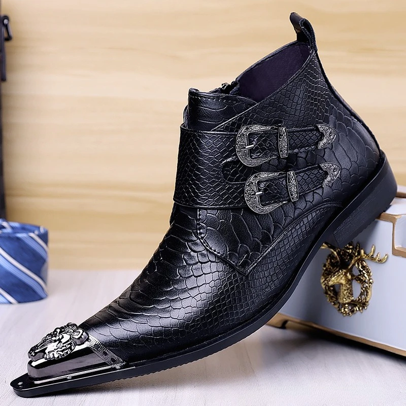 Punk Men's Chelsea Boots Pointed Metal Toe Leather Ankle Boots for Men Alligator Pattern Embossing Motorcycle Botas Hombre