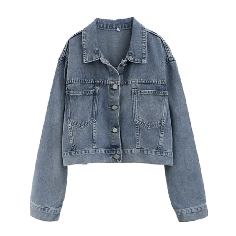 Womens Light Blue Cropped Denim Classic Button Front Casual Coat