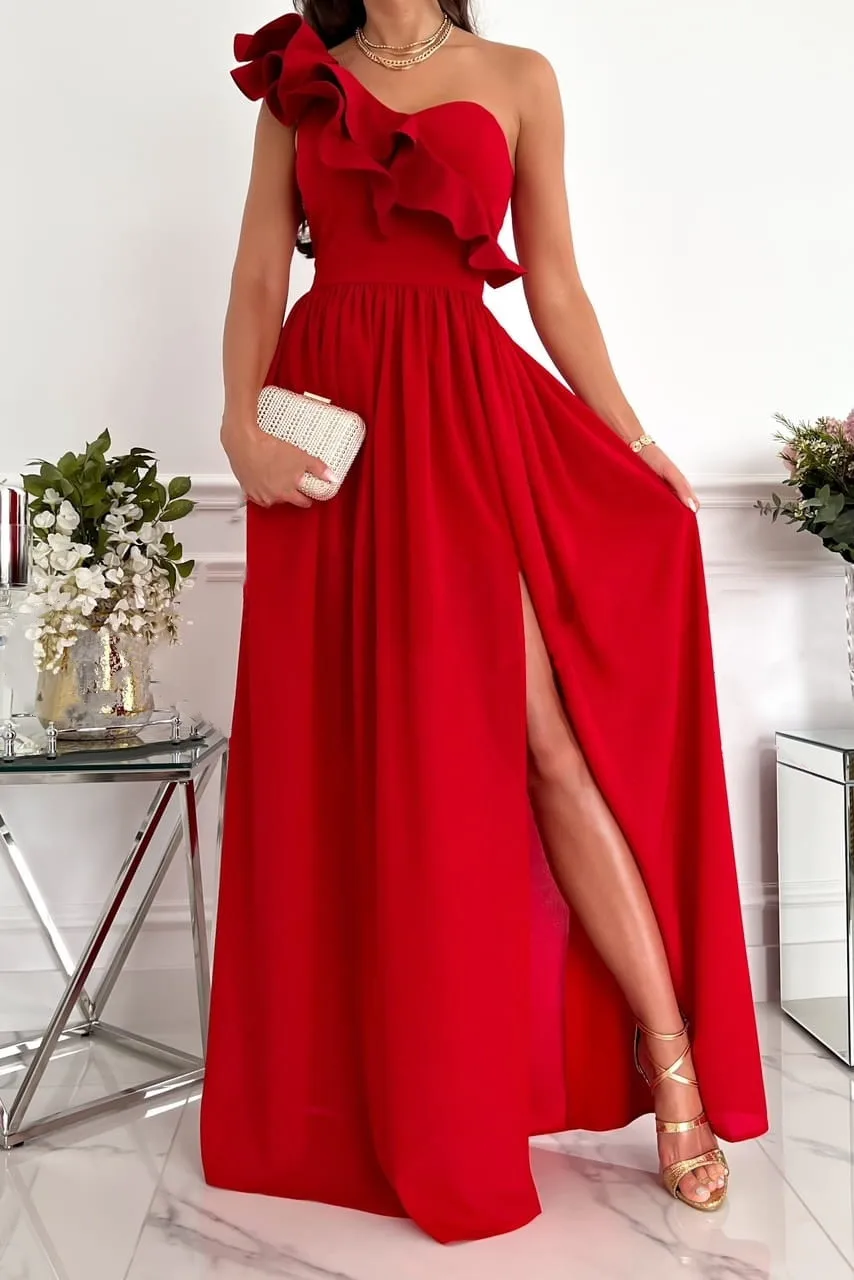 Damen-Maxikleid mit One-Shoulder-Design, Rüschen, Ärmellos, Hohem Schlitz, Elegantes Abendkleid für Partys und Bälle, Sommermode