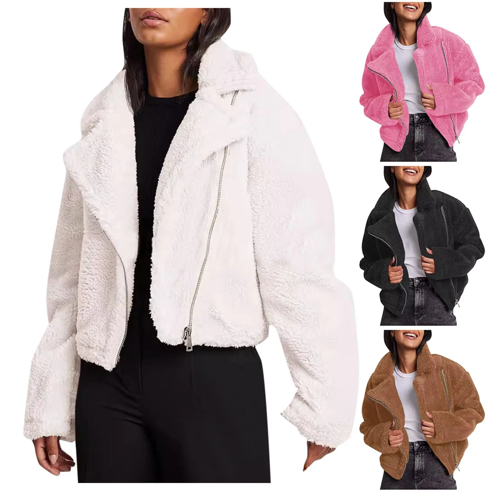 Plush Imitation Fur Jacket Solid Colour Oblique Zip Cardigan Tide Warm Coat Winter Thickened Lapel Pockets Jacket New in Coats