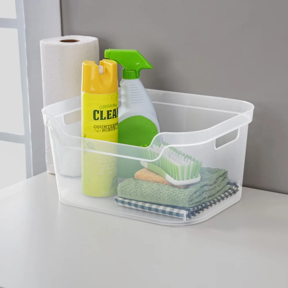 Large Clear Plastic Storage Bin with Easy Access Scoop Front for Home Organization view 5