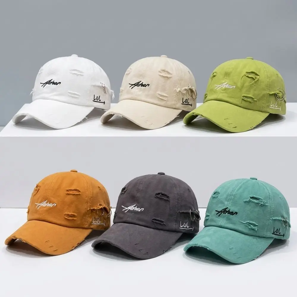 

Trendy Unisex Baseball Cap Broken Hole Iron Ring Peaked Cap Adjustable Asher Embroidery Sunscreen Hat Spring Summer Autumn