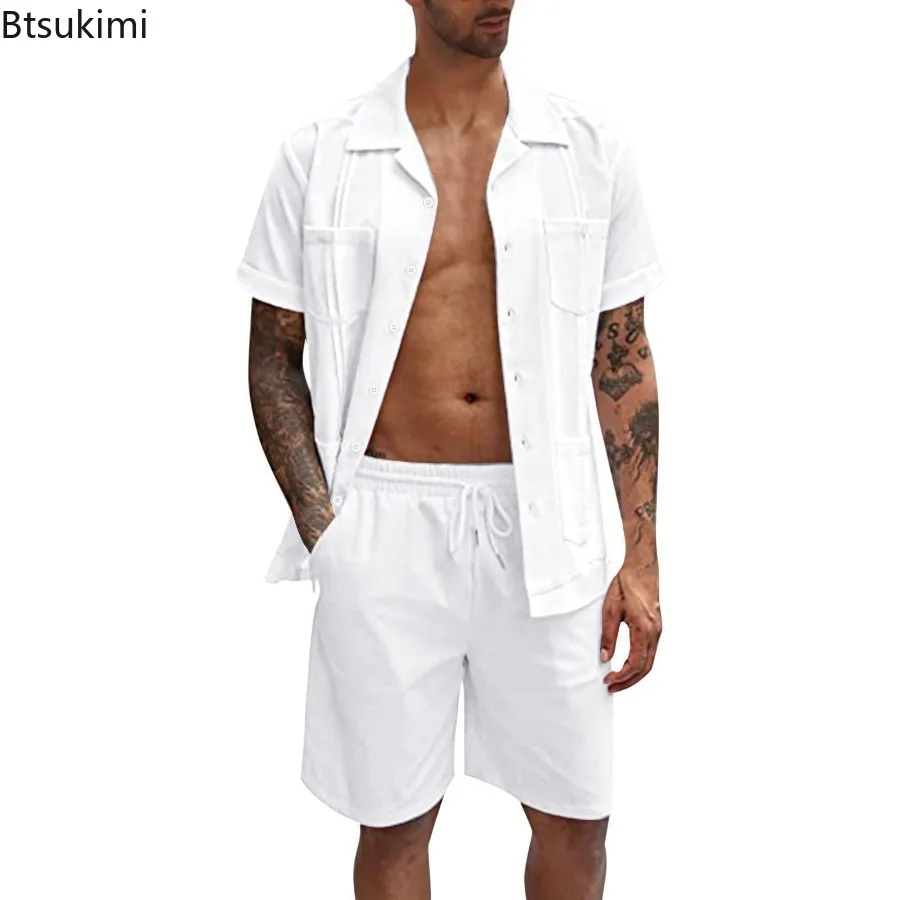 Summer New Men's Casual Sport 2 Piece Sets Fashion Cotton Linen Short Sleeve Shirt and Shorts Suit Men Loose Sport Shirt Outfits