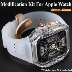 Luxury Modification Kit for IWatch Series 9 8 7 6 5 4 SE 45MM 44MM Transparent Case+Rubber Strap for Apple Watch 9 45mm Mod Band