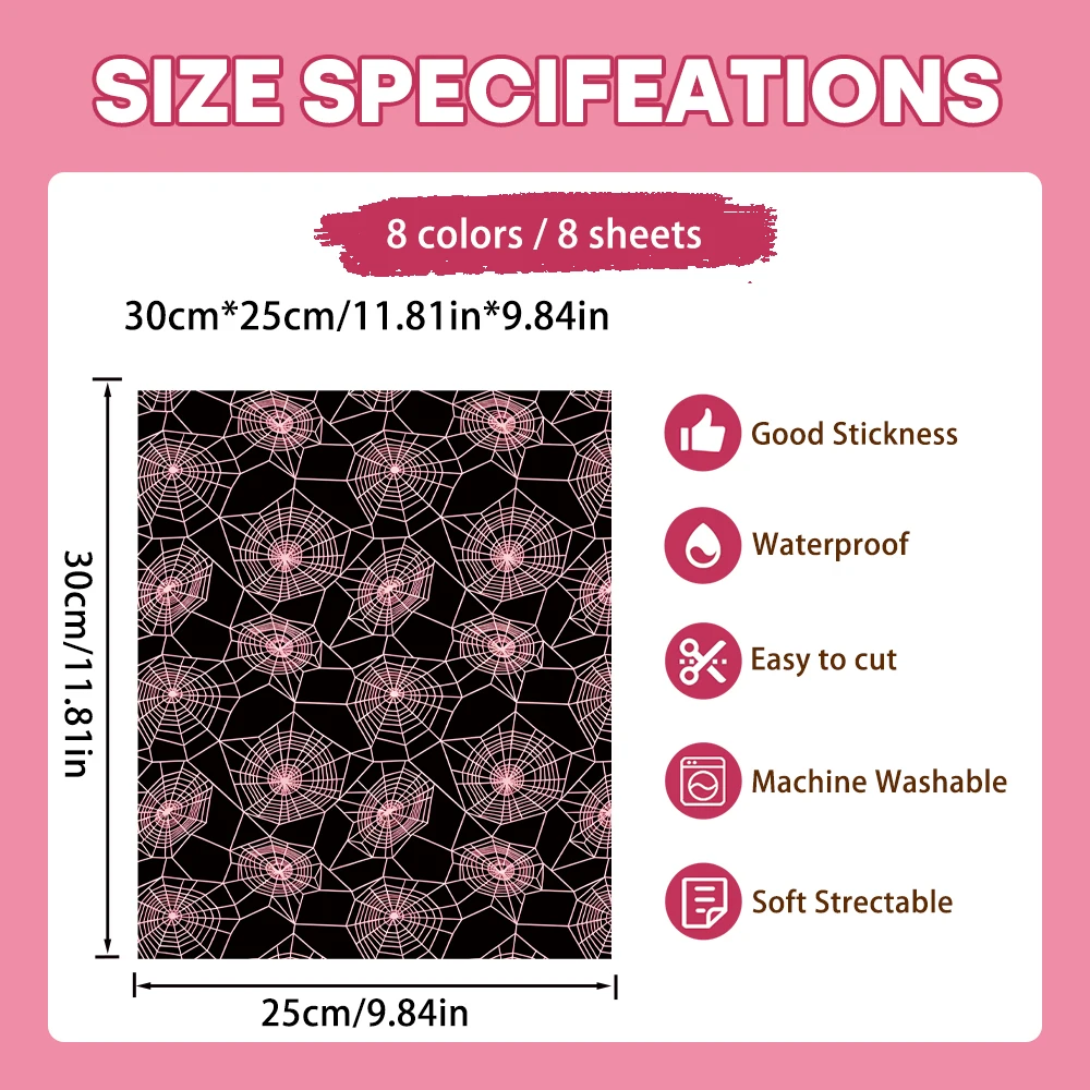 8 Halloween spider skull heat transfer films, seamless cover patches for cotton linen tees & sweaters