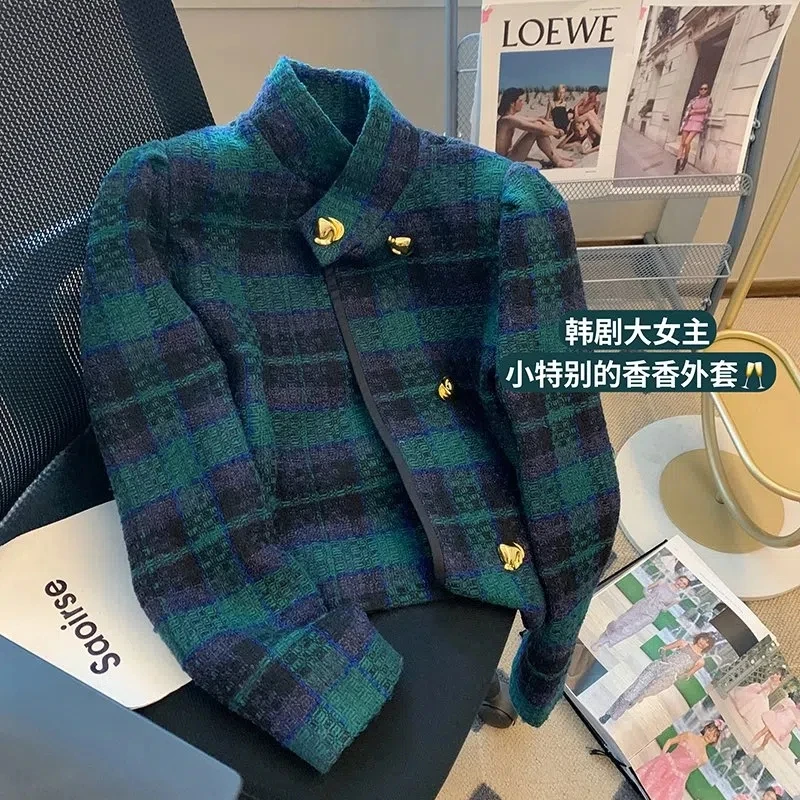 Green Plaid Short Suit Jacket Women's Autumn 2022 New French Retro Ladies Western Stand Collar Long Sleeves Blazers