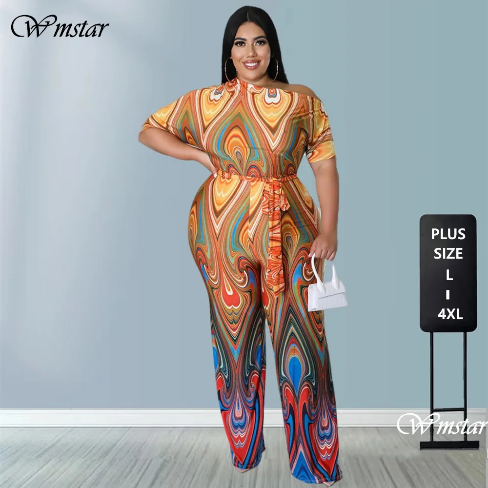 

Wmstar Jumpsuit Plus Size Women Clothes Summer Printed Left Off Shoulder with Sashes Offiice Ladies Wholesale Dropshipping 2022