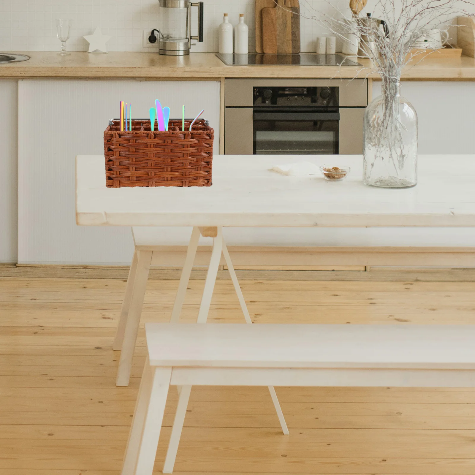 

Wicker Snack Storage Basket 4-Compartments Brown Kitchen Utensil Holder Cutlery Organizer Silverware Storage Solution