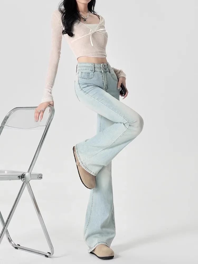 American Style High Waist Bell Bottom Jeans Women's Spring Summer New Small Size Slimming  Hoof Floor Length Pants