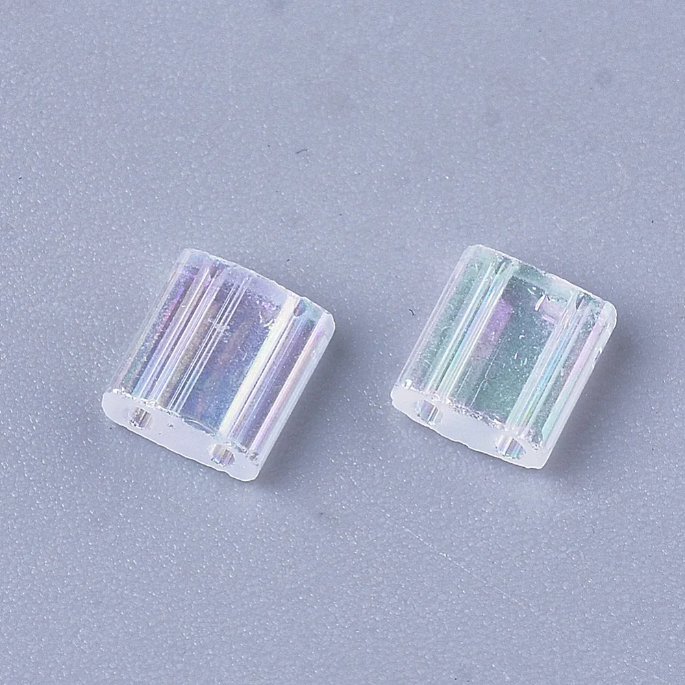 About 150 Pcs Iridescent Beads 5x5mm 2-Hole Glass Seed Beads Crystal Green Rainbow Mini Beads Rectangle Japanese Glass Beads