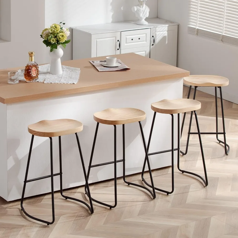 Bar Stools Set of 4, Saddle Seat Bar Stools with Metal Legs, Rustic Backless Counter Height Stools, Industrial Counter Stools