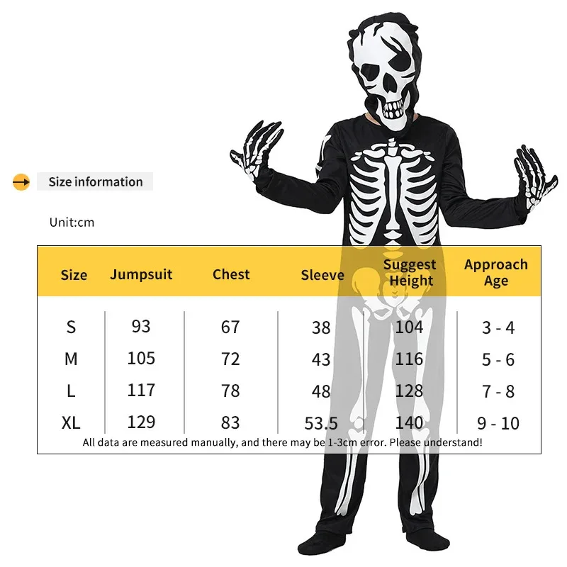 2025 New Halloween Skeleton Glow In The Dark Costume Cosplay Kids Boy Horror Night Ghost Jumpsuit Gloves Mask Suit Carnival Part