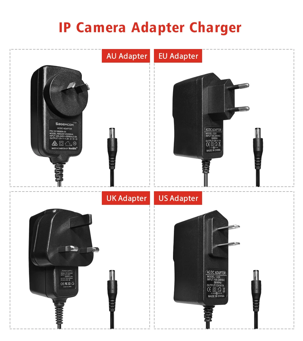 محول إمداد طاقة مؤهل 110-240 فولت إلى تيار مستمر 12 فولت 1 أمبير CCTV ، قابس الاتحاد الأوروبي/الولايات المتحدة/المملكة المتحدة/الاتحاد الأفريقي ABS بلاستيك