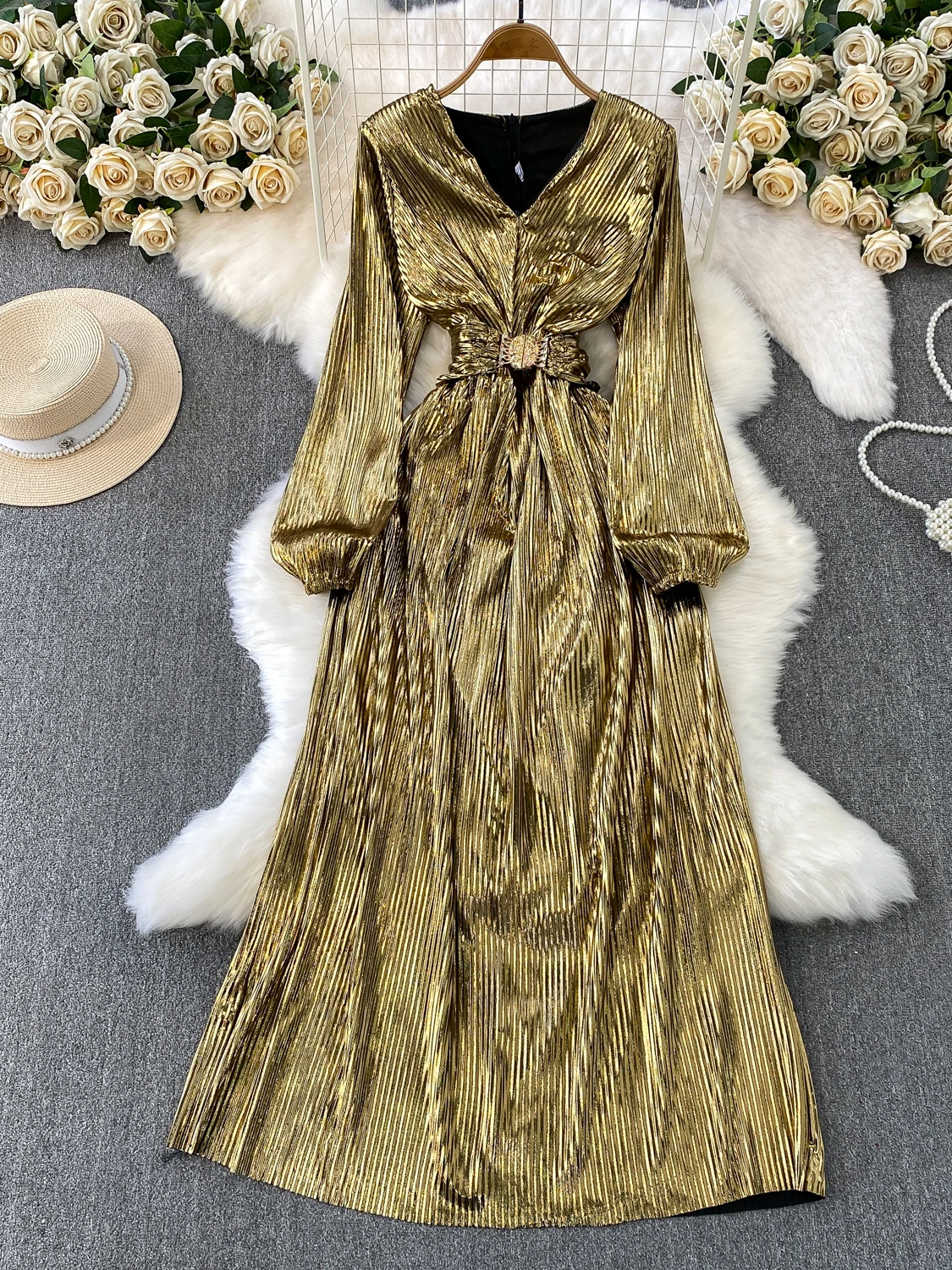 

Women Autumn Winter Long Dress European Party High-end Metallic Color Spark V-neck Bandage Straps Maxi Vestidos Female DS275