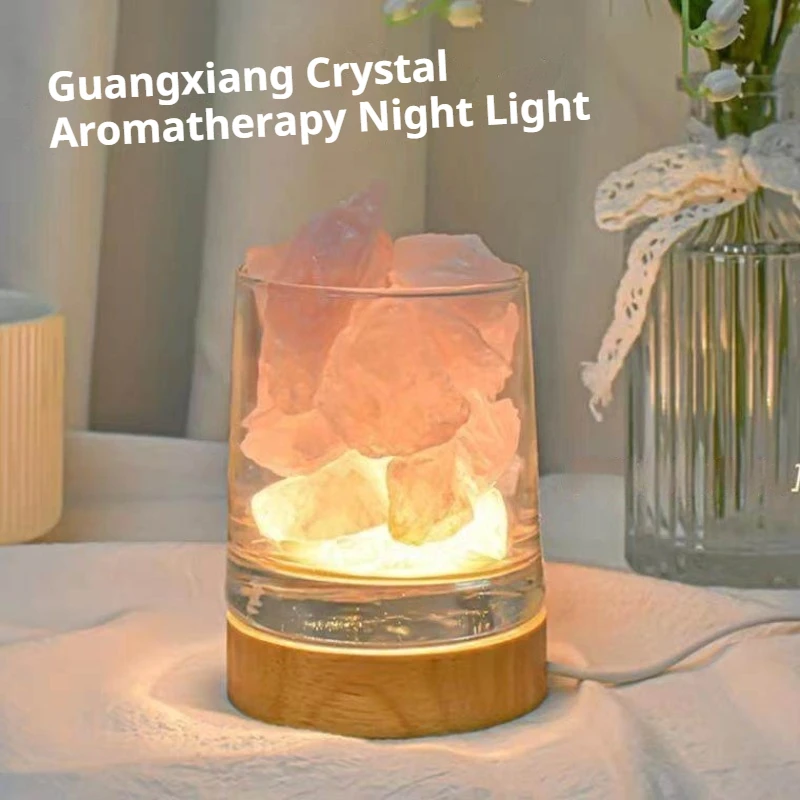Natural Crystal Diffuser Stone Night Light, Wooden Base Aromatherapy Lamp, Bedroom Sleep Aid Desktop Ambient Light