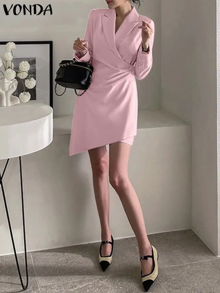 VONDA Office Dress Summer Mini Sundress 2023 Fashion Elegant Long Sleeve Casual Solid Color Sexy Buttons Party Vestidos Robe