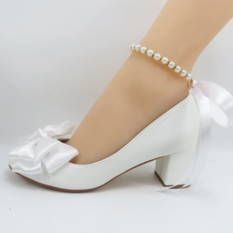 

Женские свадебные туфли, модные белые туфли на толстом каблуке, модные женские туфли для вечеринок на высоком каблуке с круглым носком и шнуровкой
