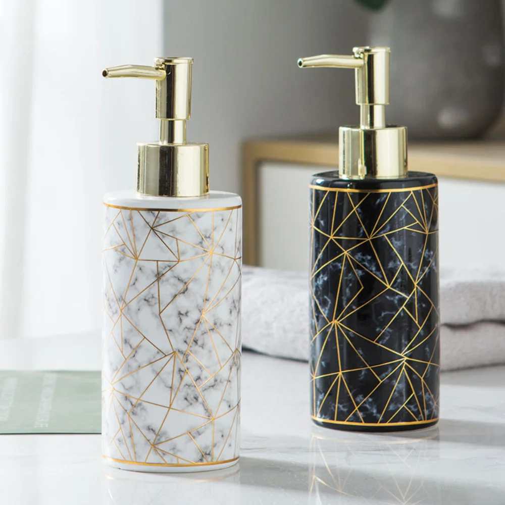 1pc Marble Pattern Ceramic Soap Dispenser,10.14oz Press Type Lotion Dispenser, Refillable Empty Bottle For Shampoo Shower Gel, B