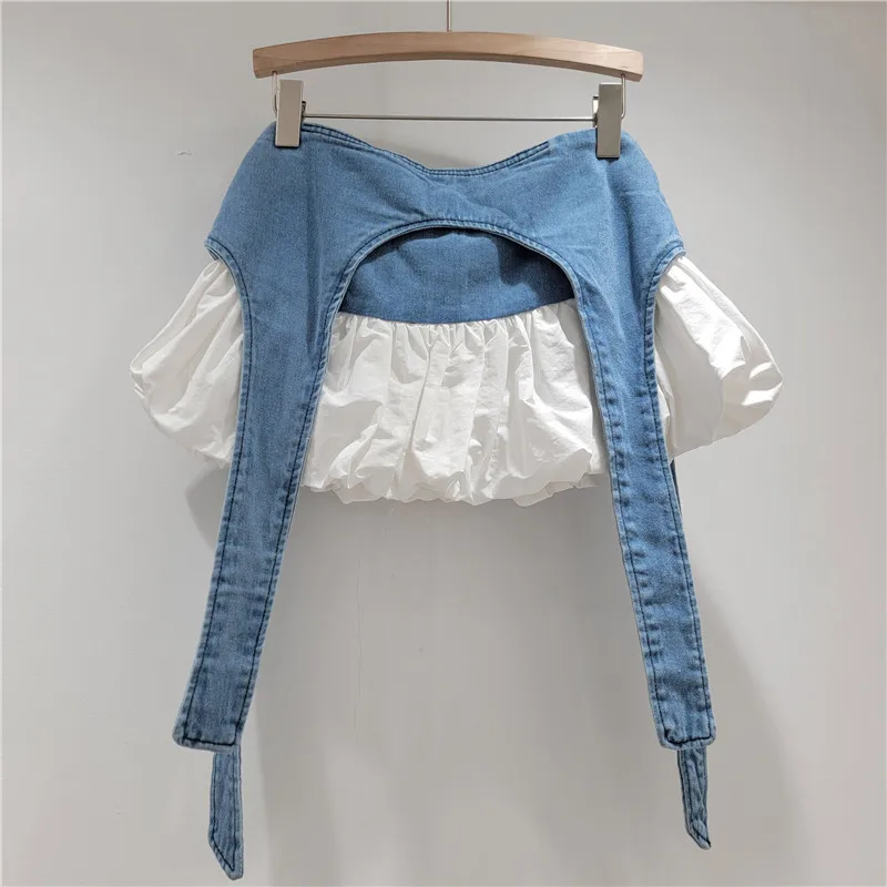 Fake Two-piece Design Denim Splicing A-line Skirt Female Fashion Street Hottie Puffy Short Skirt