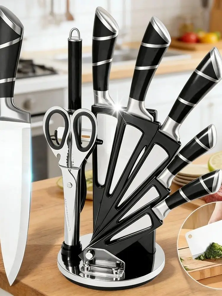 9-teiliges schwarzes Küchenmesser-Set mit Hohlgriff aus rostfreiem Edelstahl, scharfe, langlebige, rostfreie Kochmesser mit Messerblock für Zuhause und als Geschenk