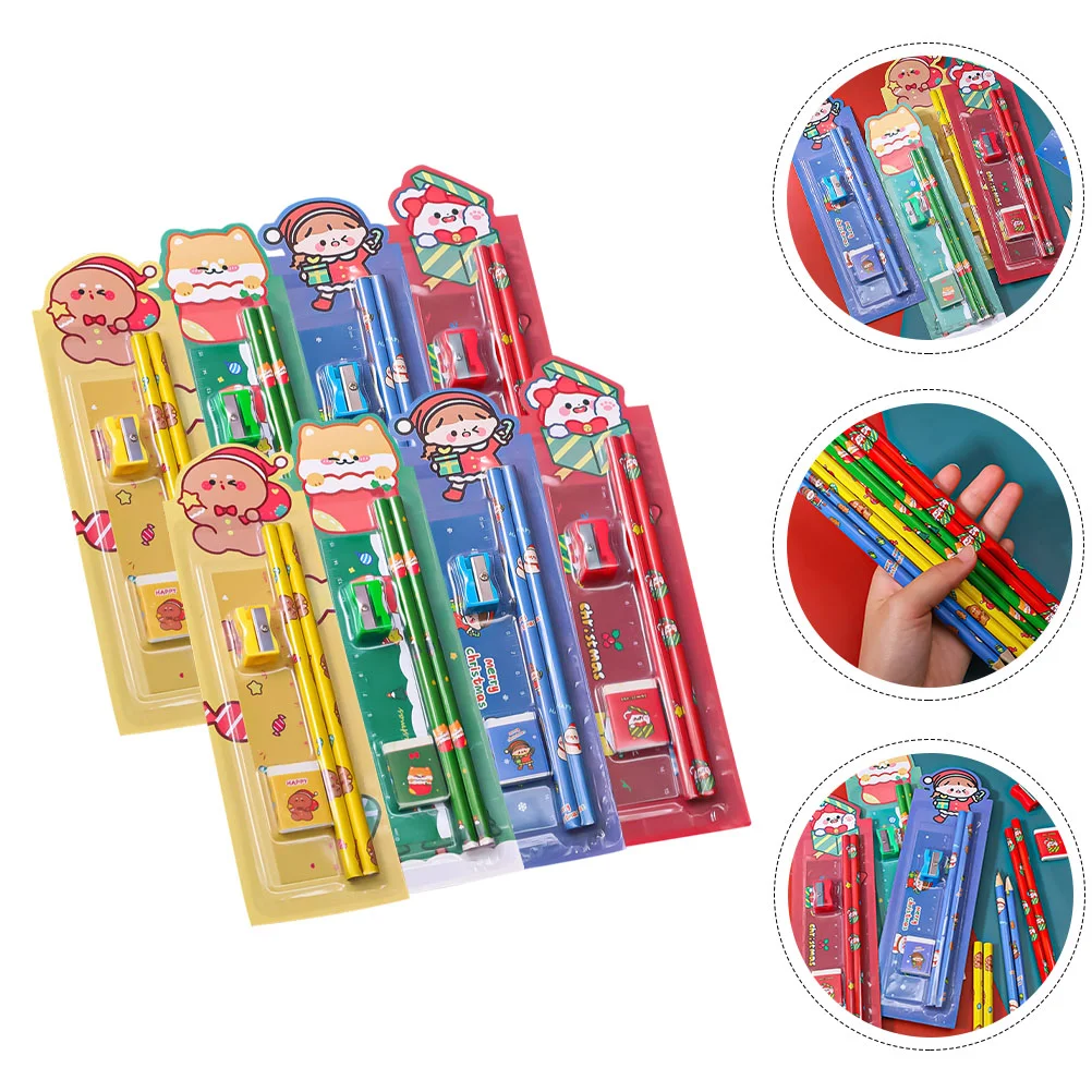 8 Sets Pencil Portable Kit Christmas Kids Stationery Accessory Sharpener Daily Use Mini Small Eraser