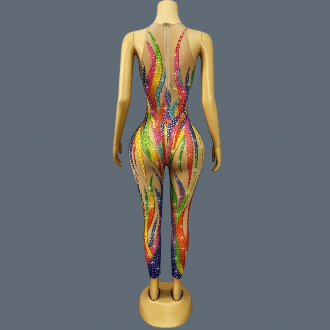Sparkly Multicolour Rhinestone Sleeveless Tight Fitting Jumpsuit Dance Stage Performance Wear Club Party Outfit Qibaocaiguang