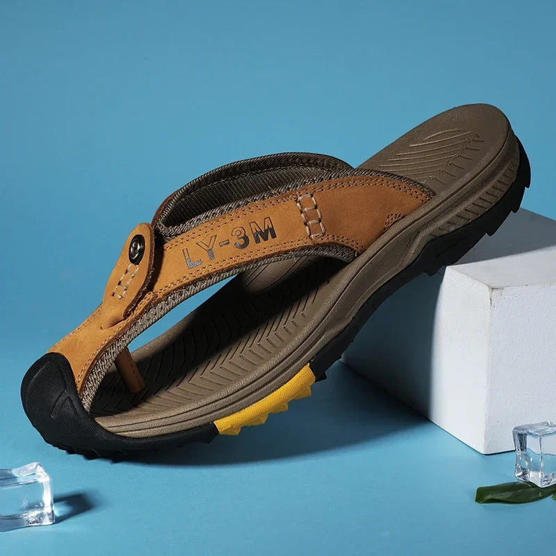 Summer Sandals Genuine Leather Flip Flops Men Classic Roman Sandals Comfortable Slipper Outdoor Casual Non-slip Beach Male Shoes