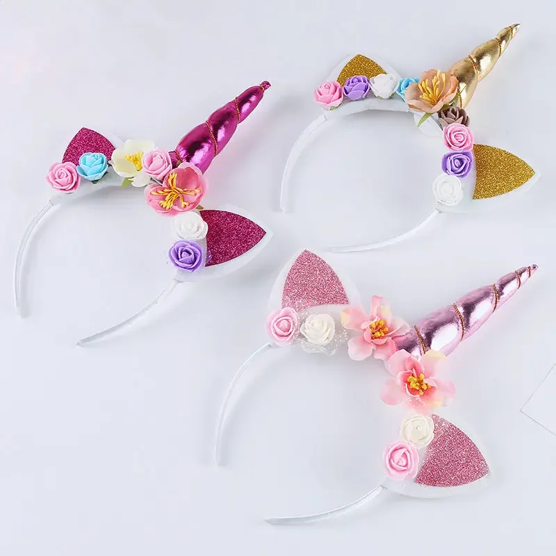 Cute Rainbow Unicorn Horn Hairband Kids Chiffon Unicorn Headband Glitter Baby Shower Birthday Party Hair Accessoriess