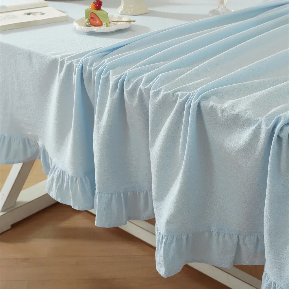 yesFrench Pastoral Blue Tablecloth Solid-Color Woven Cotton Contrasting Color Ruffled Edge Tablecloths Decoration Table