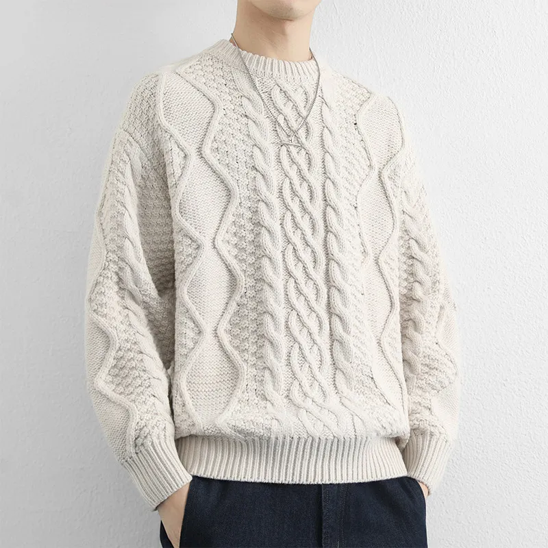 

Men's round Ne Knitwear Casual Loose Fit Basic Layering Top in Beige And Cr Thiened Long Sve Polyester Acrylic Blend