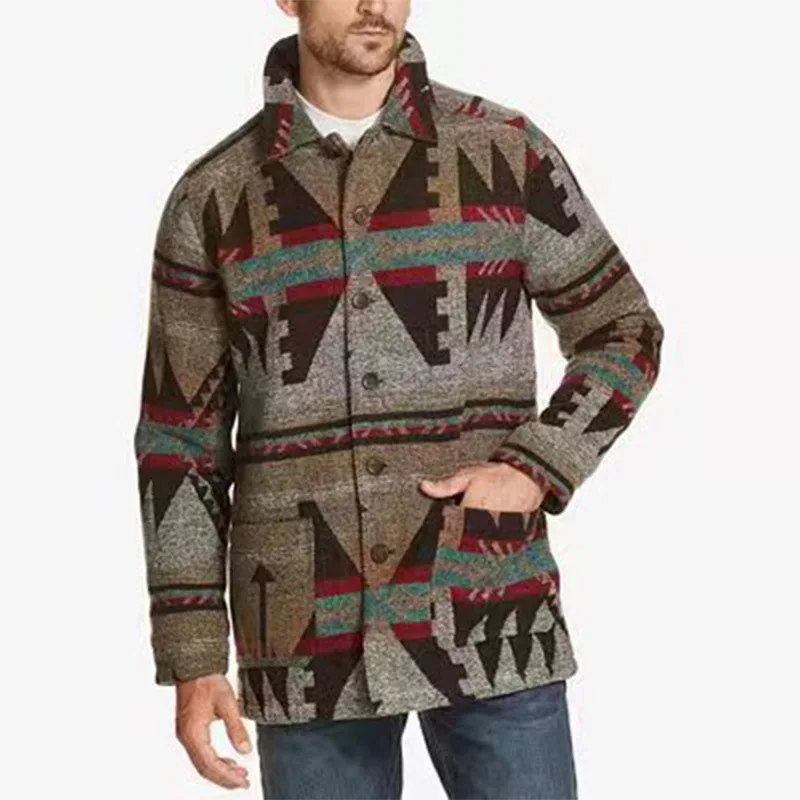Casual Pocket Printed Long-sleeved Lapel Top Trendy Men's 2025 Autumn And Winter New Clothing Fashion High Street Men's Clothing