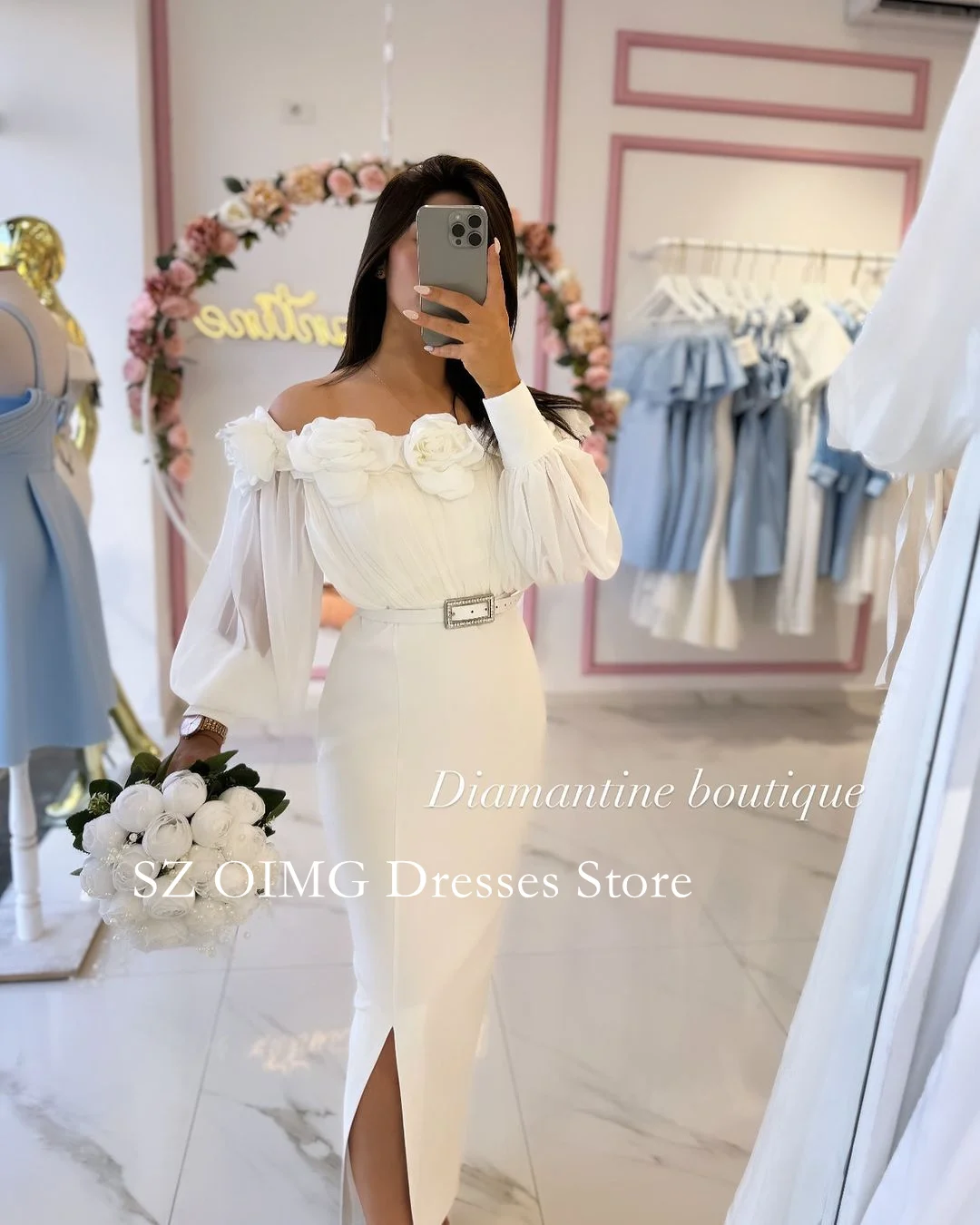 OIMG 2024 New Summer Women\'s Maxi White Crepe Satin Prom Dress Customized Fashion Celebrity Off the Shoulder Party Dress