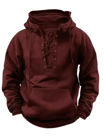 2025 Men's Autumn Winter Outdoor Casual Jacket: Retro Lace-Up, Loose Fit, Pure Color Long Sleeve Hooded Sweatshirt