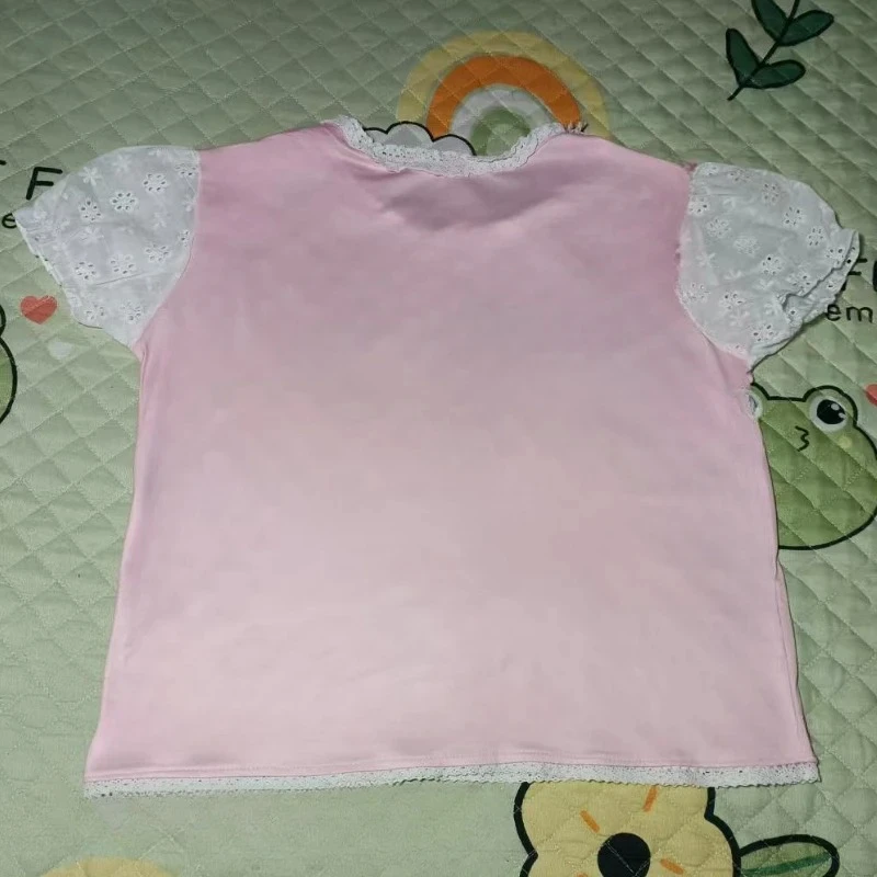 الصيف اليابانية لطيف لوليتا الأرنب طباعة الكرتون القمم النساء Y2k الجمالية الدانتيل المرقعة سليم القوس المحاصيل تيز الحلو لطيف تي شيرت #5