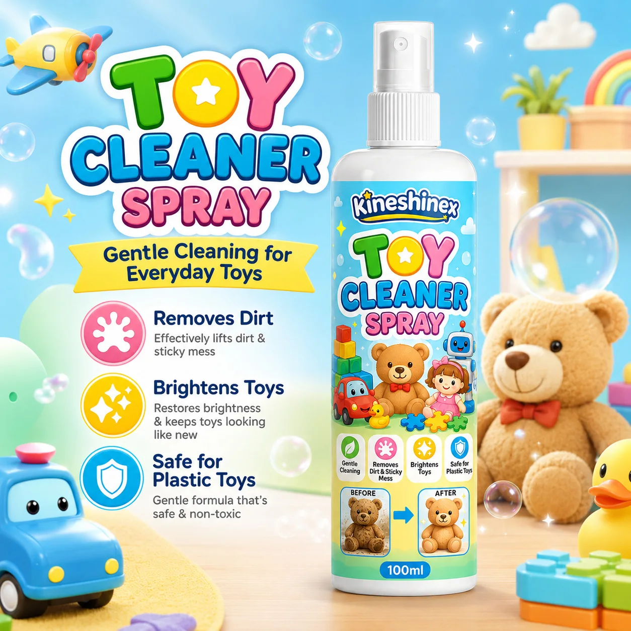 Toy Cleaner Spray – Gentle Cleaning for Plastic Toys, Blocks, Dolls and Figures, Removes Dirt & Sticky Mess,Brightens & Restores