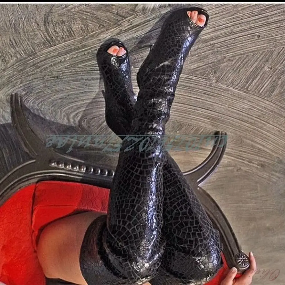 

Sexy Peep Toe Hot Girls Over the Knee Boots Black Stone Print Leather Side Zipper Stiletto High Heel Women Shoes Para Mujere