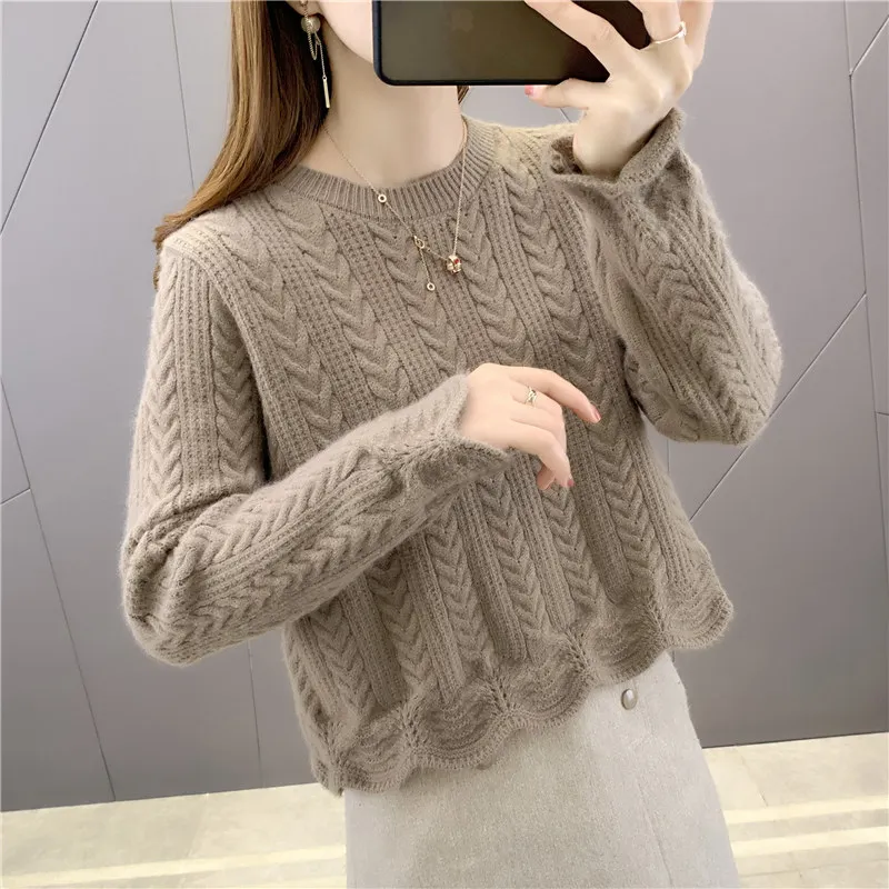 Pure Color round Ne Knitwear ort High Waist Women's Spring Autumn New Sle Small Size Matching Skirts Upper Body