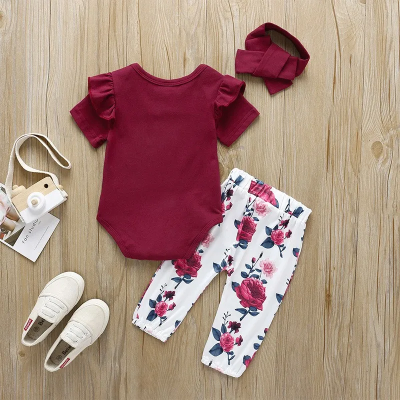 Newborn Baby Girl Clothes 0-24M 2024 Summer Fall Fly Sleeves Tops+Floral Pants+Headband 3PCS Sets Infant Baby Girl Outfit