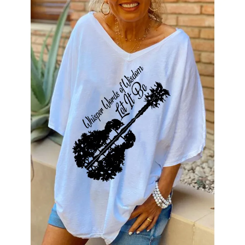 ilstile Women's Hippie Let It Bet Letter Print T-Shirts Summer Short Sleeve Casual Loose V Neck Long Tops New Arrival