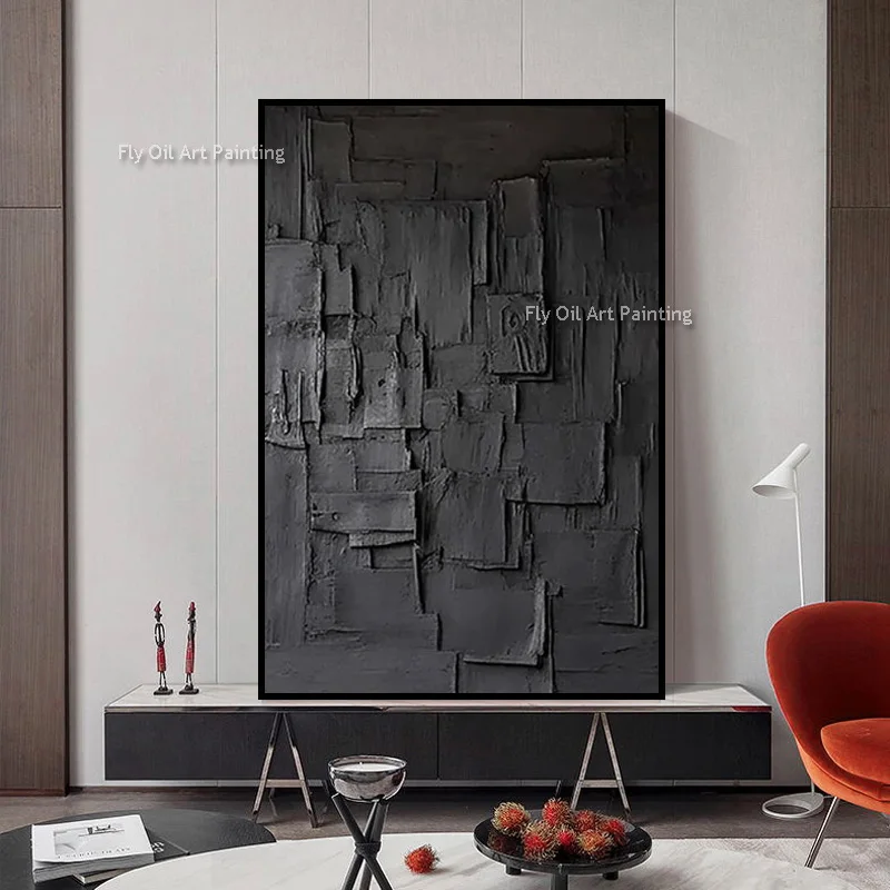 Handmade Dark Grey Geometric Relief Wall Art, Heavy Impasto Layer Texture Painting, Industrial Style Hallway Canvas Decor