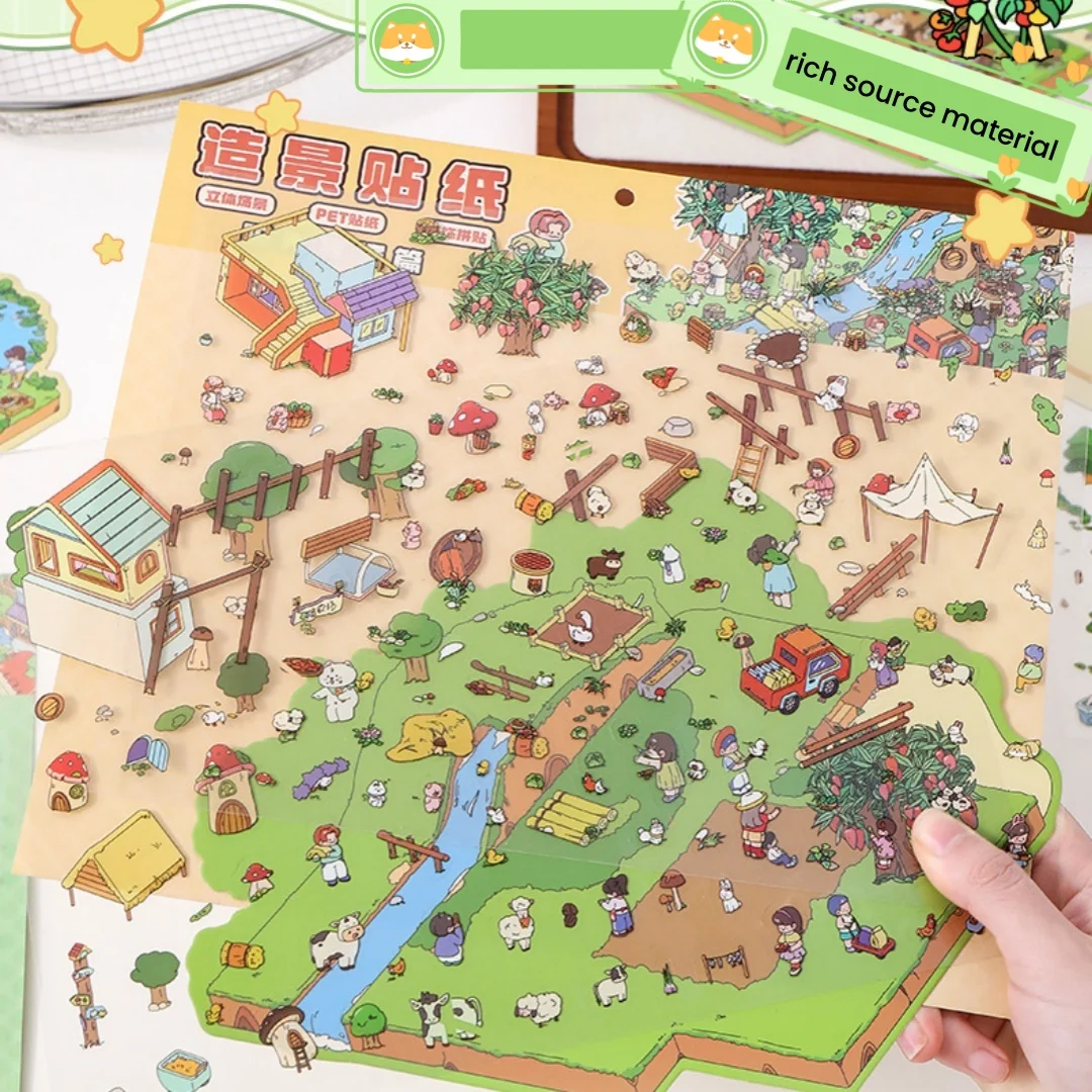 Plus Size Cartoon Farm Ranch Landscape Sticker 3D Visual Miniature Scene Sticker DIY Cabin Scene Sticker Gift for Kids 2025