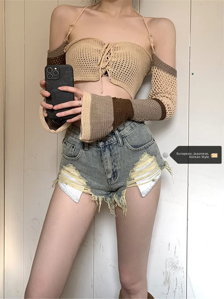 

American Sle Hot Girl Wide Leg High Waist Denim orts Women's Ripped Frayed Summer Ultra ort Retro Trendy Jeans