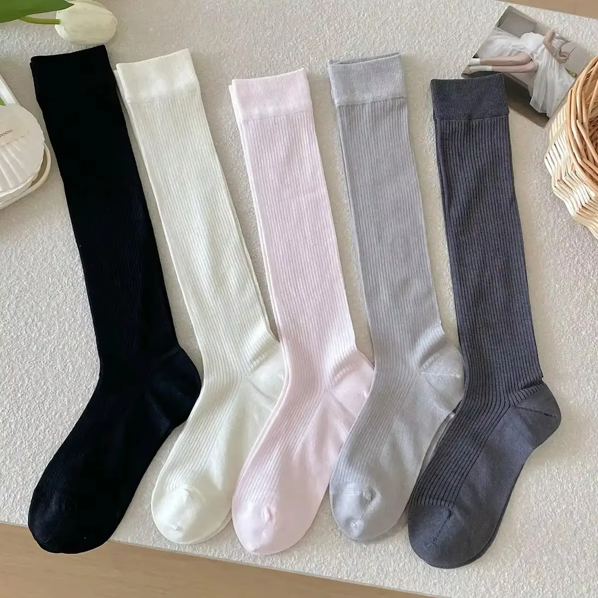 Women Silk Long Socks High Quality New Fashion Spring Summer Knee High Socks For Gilrs School Style Simple Casual Long Socks