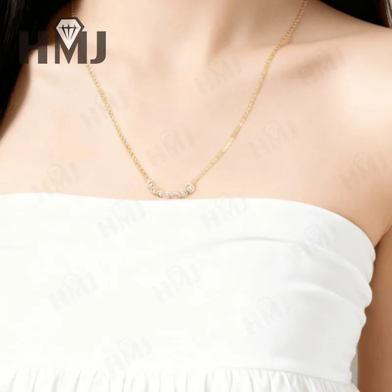 Zeven ronde ketting met ronde rand en D-kleur Ronde Moissanite S925 verguld wit geel rosé gouden ketting Verloving Kerstmis Dagelijks