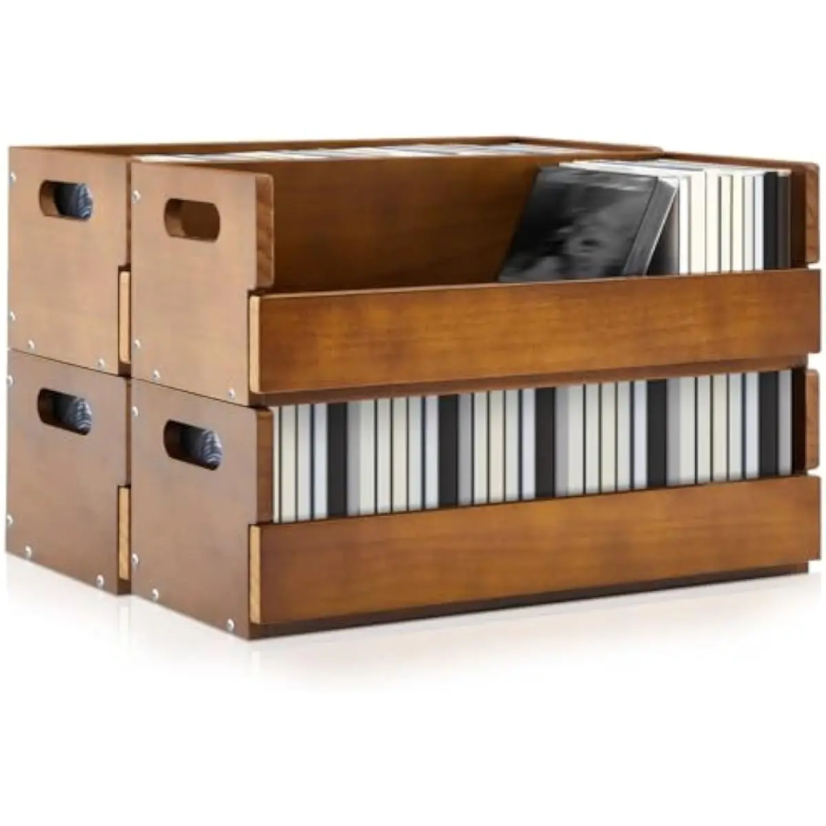 4 Wooden Tiered CD Storage Units – Natural Brown Finish • Each Holds 36 Standard Discs • Magnetic Flap Closure • Stackable Desig