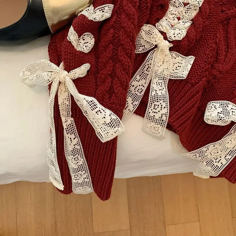 

Red Sweater Pullovers Women Kawaii Lace-up Bow Autumn Winter Sweet Girlish Loose College Knitwear Vintage Aesthetic Clothes Knit